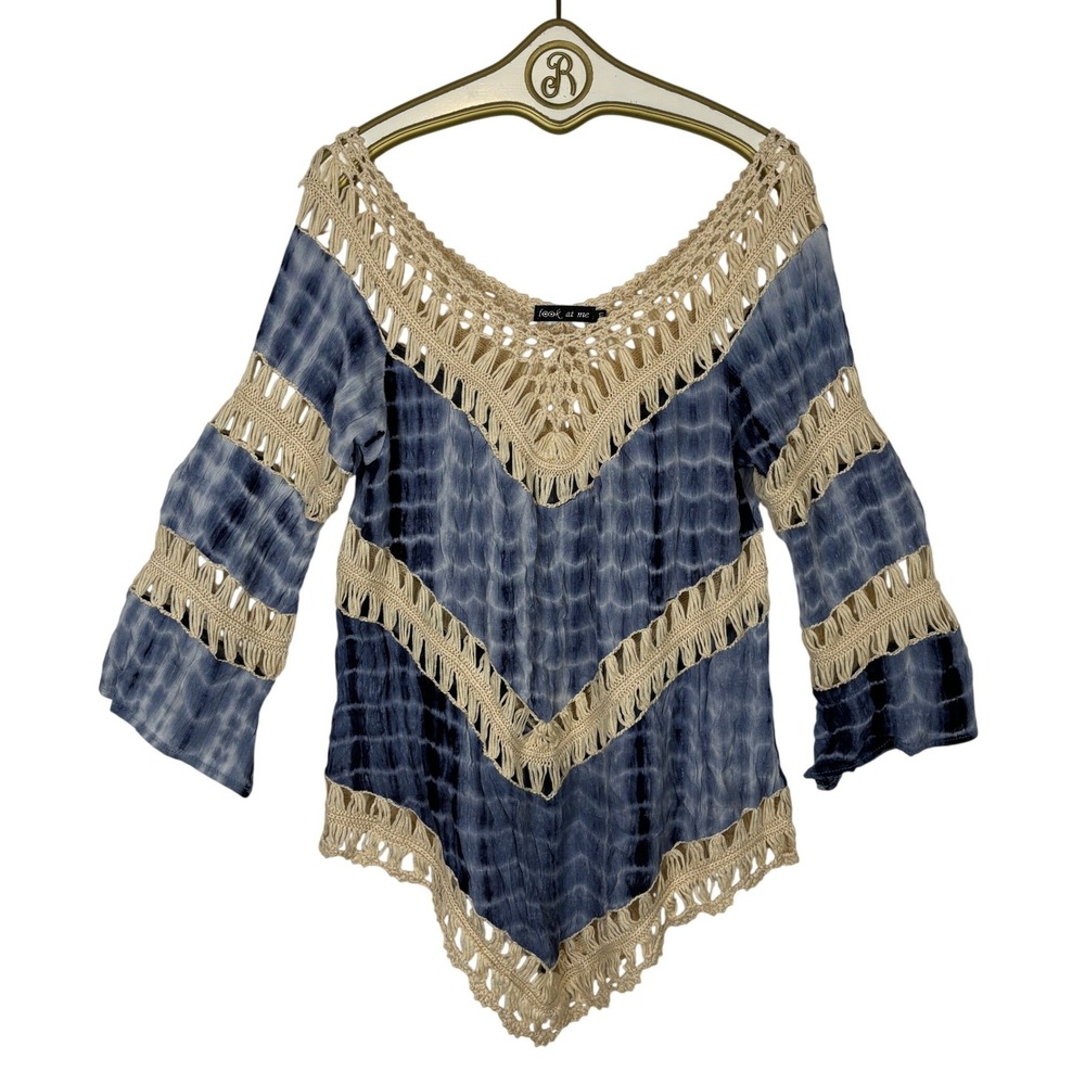 Tie Dye Crochet Poncho Top Women LARGE Blue Boho Festival Peasant Beach Tunic
